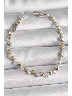 Pirinç Gümüş Renk Zirkon Taşlı Gold Kalpli VIP Seri Kadın Bileklik