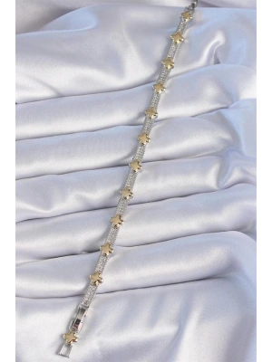 Pirinç Gümüş Renk Zirkon Taşlı Gold Yonca Model VİP Seri Kadın Bileklik