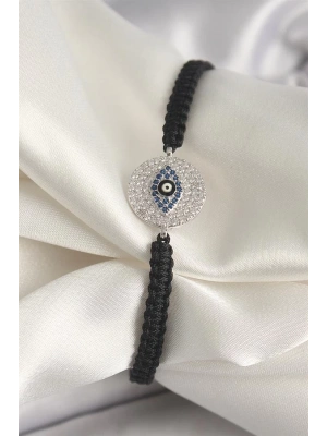 Pirinç Gümüş Renk Zirkon Taşlı Göz İşlemeli Figür Asansörlü Makrome Model Kadın Bileklik