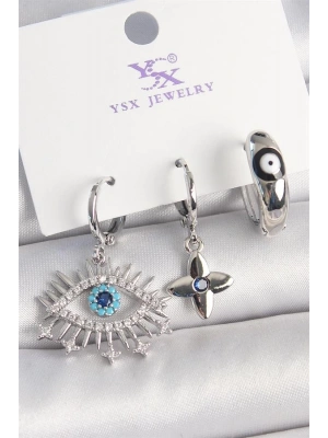 Pirinç Gümüş Renk Zirkon Taşlı Göz Model Nazar Boncuk Detay 3Lü Kadın Kombin Küpe