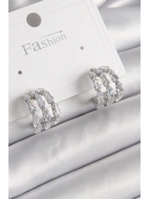 Pirinç Gümüş Renk Zirkon Taşlı Halka Model Kadın Küpe