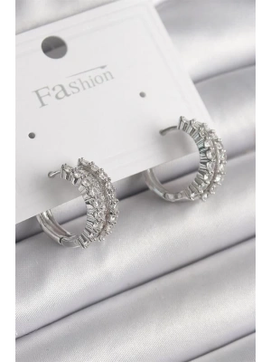 Pirinç Gümüş Renk Zirkon Taşlı Halka Model Kadın Küpe