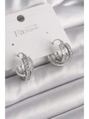 Pirinç Gümüş Renk Zirkon Taşlı Halka Model Kadın Küpe