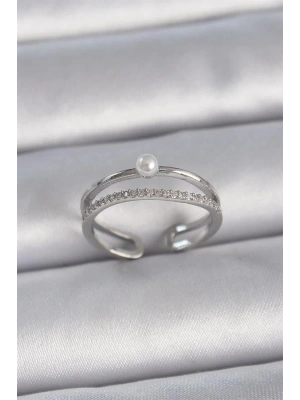 Pirinç Gümüş Renk Zirkon Taşlı İnci Detay Ayarlanabilir Model Kadın Yüzük