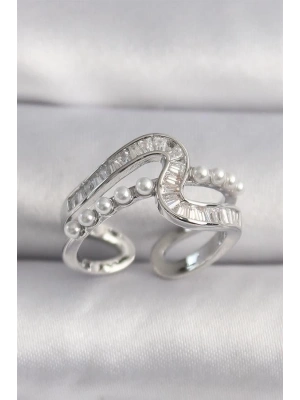 Pirinç Gümüş Renk Zirkon Taşlı İnci Detay VIP Seri Kadın Yüzük