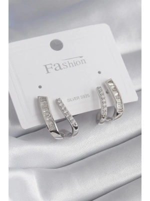 Pirinç Gümüş Renk Zirkon Taşlı Kadın Küpe