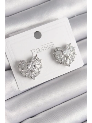 Pirinç Gümüş Renk Zirkon Taşlı Kalp Model Kadın Küpe