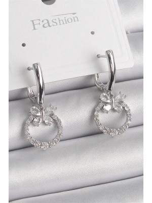 Pirinç Gümüş Renk Zirkon Taşlı Kelebek Figür Sallantı Detay Kadın Küpe