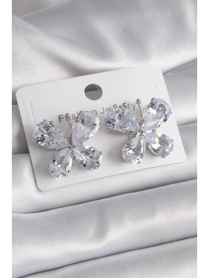 Pirinç Gümüş Renk Zirkon Taşlı Kelebek Model Kadın Küpe