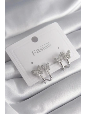 Pirinç Gümüş Renk Zirkon Taşlı Kelebek Model Kadın Küpe