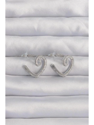 Pirinç Gümüş Renk Zirkon Taşlı Kıvrımlı Yarım Kalp Küpe