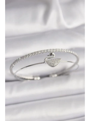 Pirinç Gümüş Renk Zirkon Taşlı Kuğu Model Kadın Bileklik