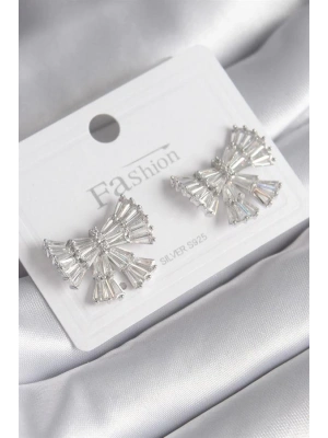 Pirinç Gümüş Renk Zirkon Taşlı Kurdele Model Kadın Küp