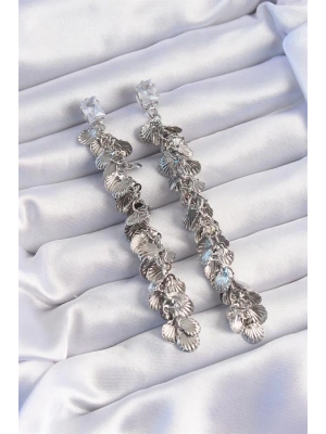 Pirinç Gümüş Renk Zirkon Taşlı Minimal Deniz Kabuklu Sallantılı Küpe