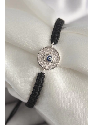 Pirinç Gümüş Renk Zirkon Taşlı Nazar Boncuk İşleme Makrome Asansörlü Model Kadın Bileklik