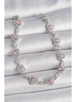 Pirinç Gümüş Renk Zirkon Taşlı Pembe Kalp Model VIP Seri Kadın Bileklik