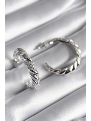 Pirinç Gümüş Renk Zirkon Taşlı Sarmal Model Kadın Küpe