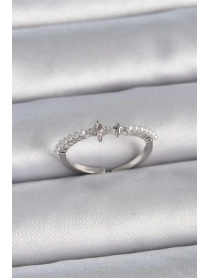 Pirinç Gümüş Renk Zirkon Taşlı Sıralı İnci Ayarlanabilir Model Kadın Yüzük