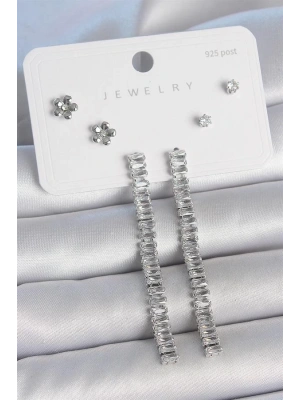 Pirinç Gümüş Renk Zirkon Taşlı Su Yolu Model Çiçek Detay 925 Ayar Gümüş Çivi Kadın Küpe Seti