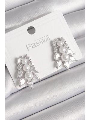 Pirinç Gümüş Renk Zirkon Taşlı Yaprak Model İnci Detay Kadın Küpe