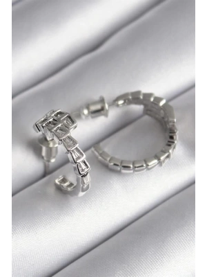 Pirinç Gümüş Renk Zirkon Taşlı Yılan Model Kadın Küpe