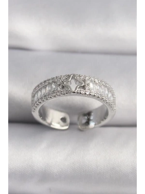 Pirinç Gümüş Renk Zirkon Taşlı Yıldız İşleme VIP Seri Kadın Yüzük