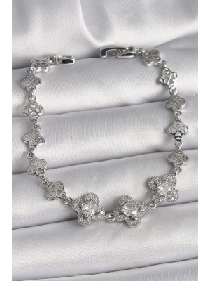 Pirinç Gümüş Renk Zirkon Taşlı Yonca Model Kadın Bileklik