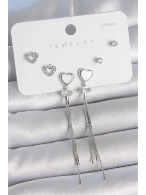 Pirinç Gümüş Sallantı Beyaz Mineli Kalp Model Zirkon Taşlı Kalp Detay 925 Ayar Gümüş Çivi Kadın Küpe Seti