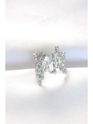 Silver Renk Tırtıklı Kalın Baget Taş Tasarım Ayarlanabilir Yüzük