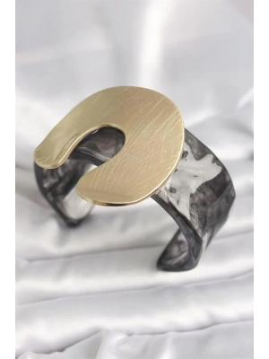 Siyah Mermer Desen Akrilik Plastik Gold Nal Model Plaka Vintage Kadın Bilezik