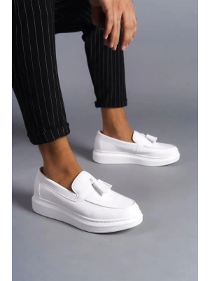 SLW154 Blaze Bağcıksız Püsküllü Cilt Erkek Günlük Spor Klasik Ayakkabı BT - Beyaz