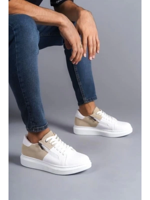 SLW155 Warrior Bağcıklı ve Fermuarlı Cilt Süet Erkek Günlük Sneaker Ayakkabı BT - Beyaz/Krem