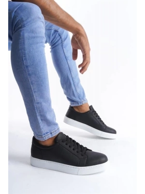 SLW165 Elite Bağcıklı Cilt Erkek Günlük Sneaker Ayakkabı BT - Siyah