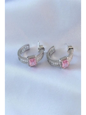 VIP Seri Gümüş Renk Yarım Halka Model Zirkon Taşlı Pirinç Kadın Küpe