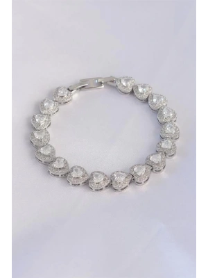 Vip Seri Pirinç Zirkon Taşlı Gümüş Renk Kalp Model Bileklik