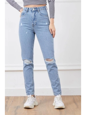 Yüksek bel yırtmaçlı mom jean pantolon