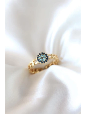 Zirkon Taşlı Nazarlı Altın Kaplama Kadın Yüzük