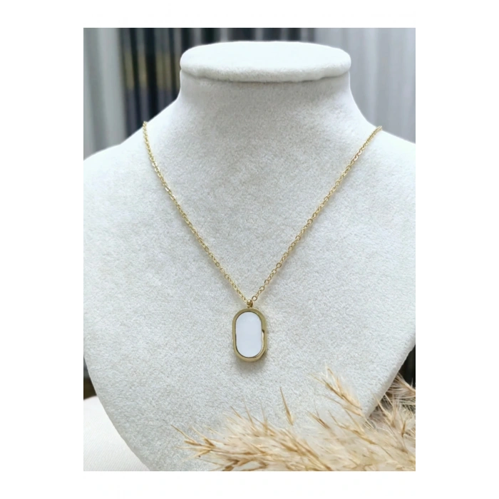 Sedefli Oval Çelik Gold Kolye