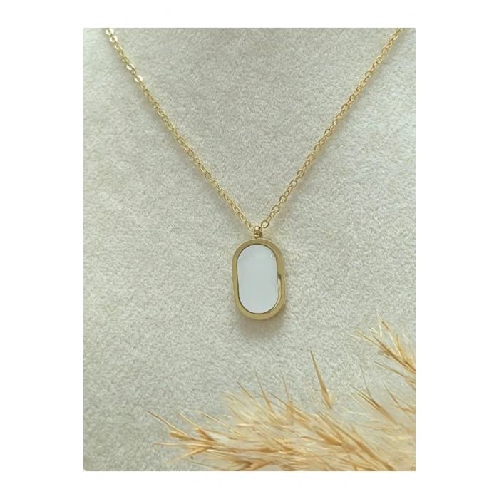 Sedefli Oval Çelik Gold Kolye
