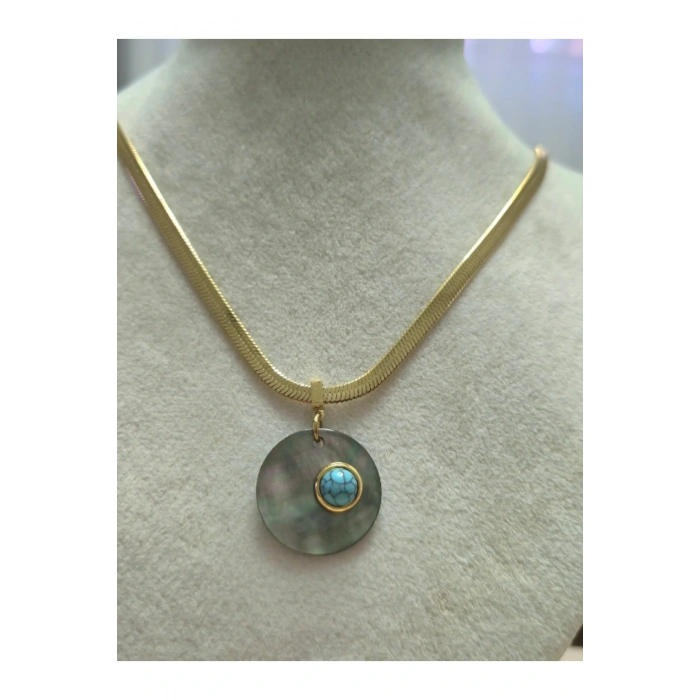 Sedefli Mavi Taşlı Altın Çelik  Oval Kesim Kolye