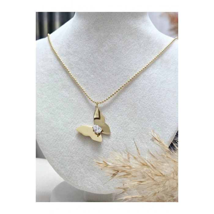 Taşlı Kelebek Detaylı Altın Çelik Kolye