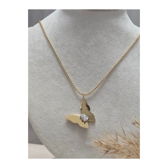 Taşlı Kelebek Detaylı Altın Çelik Kolye