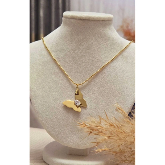 Taşlı Kelebek Detaylı Altın Çelik Kolye