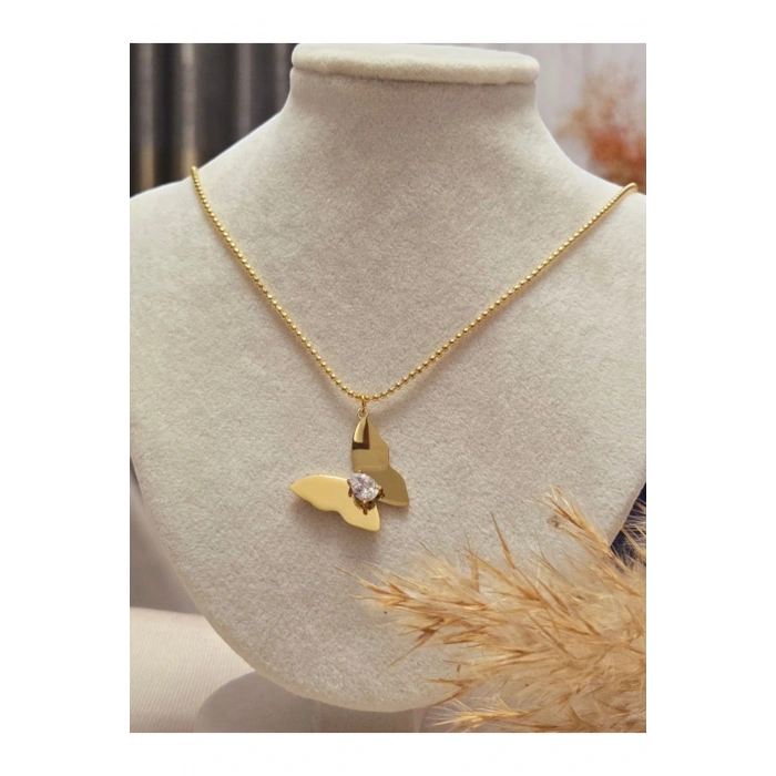 Taşlı Kelebek Detaylı Altın Çelik Kolye