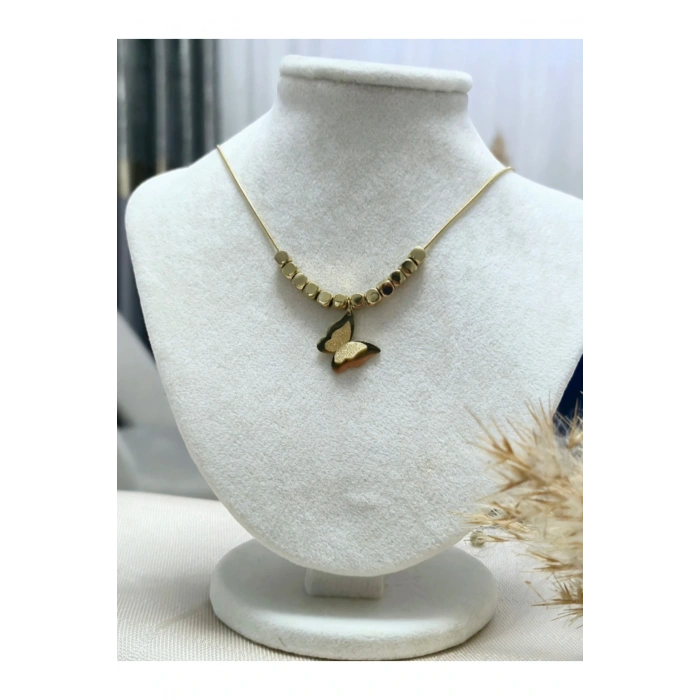 Küp Zincirli Kelebek Detaylı Gold Çelik Kolye