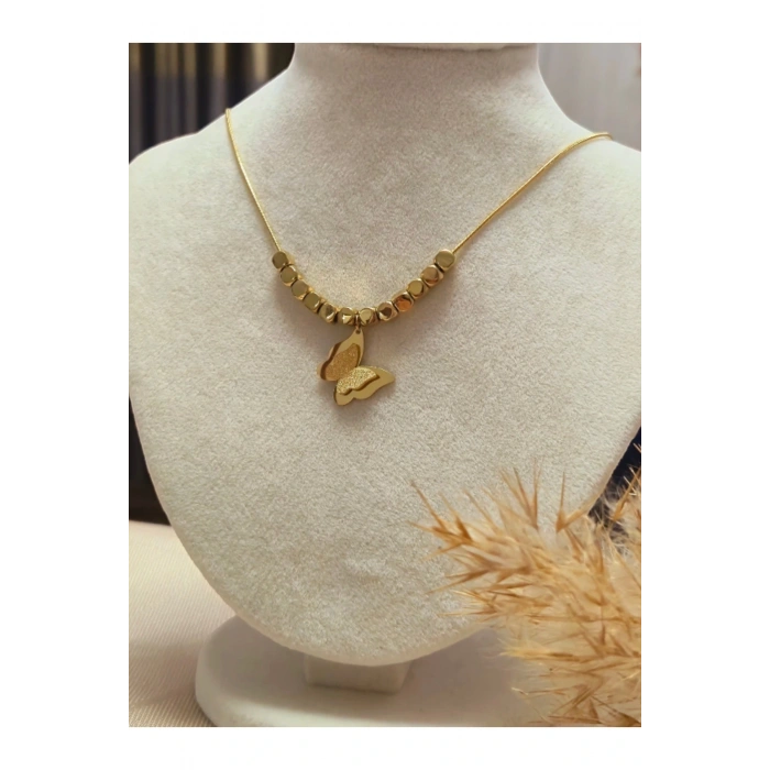 Küp Zincirli Kelebek Detaylı Gold Çelik Kolye