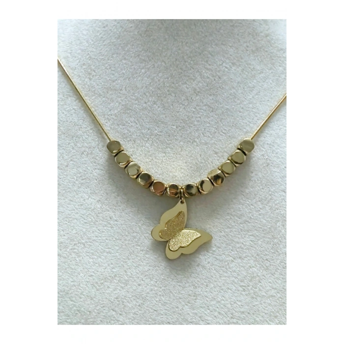 Küp Zincirli Kelebek Detaylı Gold Çelik Kolye