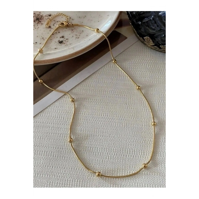 Dorika Topçuklu Yılan Zincirli Uzun Çelik Kolye