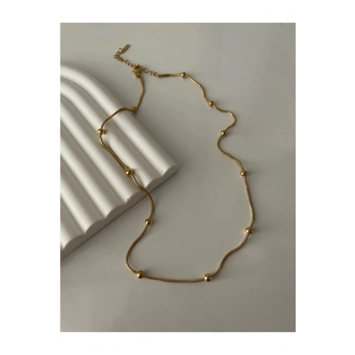 Dorika Topçuklu Yılan Zincirli Uzun Çelik Kolye