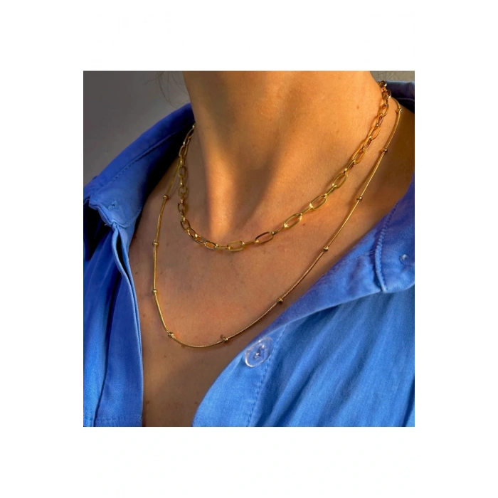 Dorika Topçuklu Yılan Zincirli Uzun Çelik Kolye